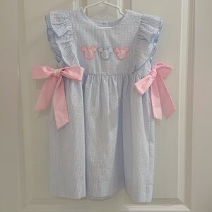 Stitchy Fish - Blue and White Seersucker Disney Dress with Pink Bows - Size 5